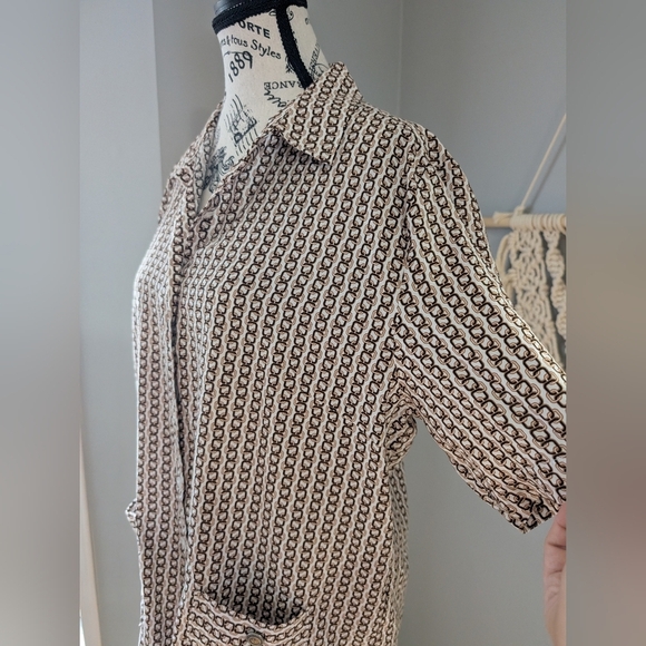 Olsen Button Front Pocket Top Collared Shirt Sleeve Fits Med/Large Brown Cream - Picture 3 of 8